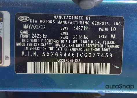 2012 Kia Optima Sx from USA, damaged, VIN 5XXGR4A61CG077459